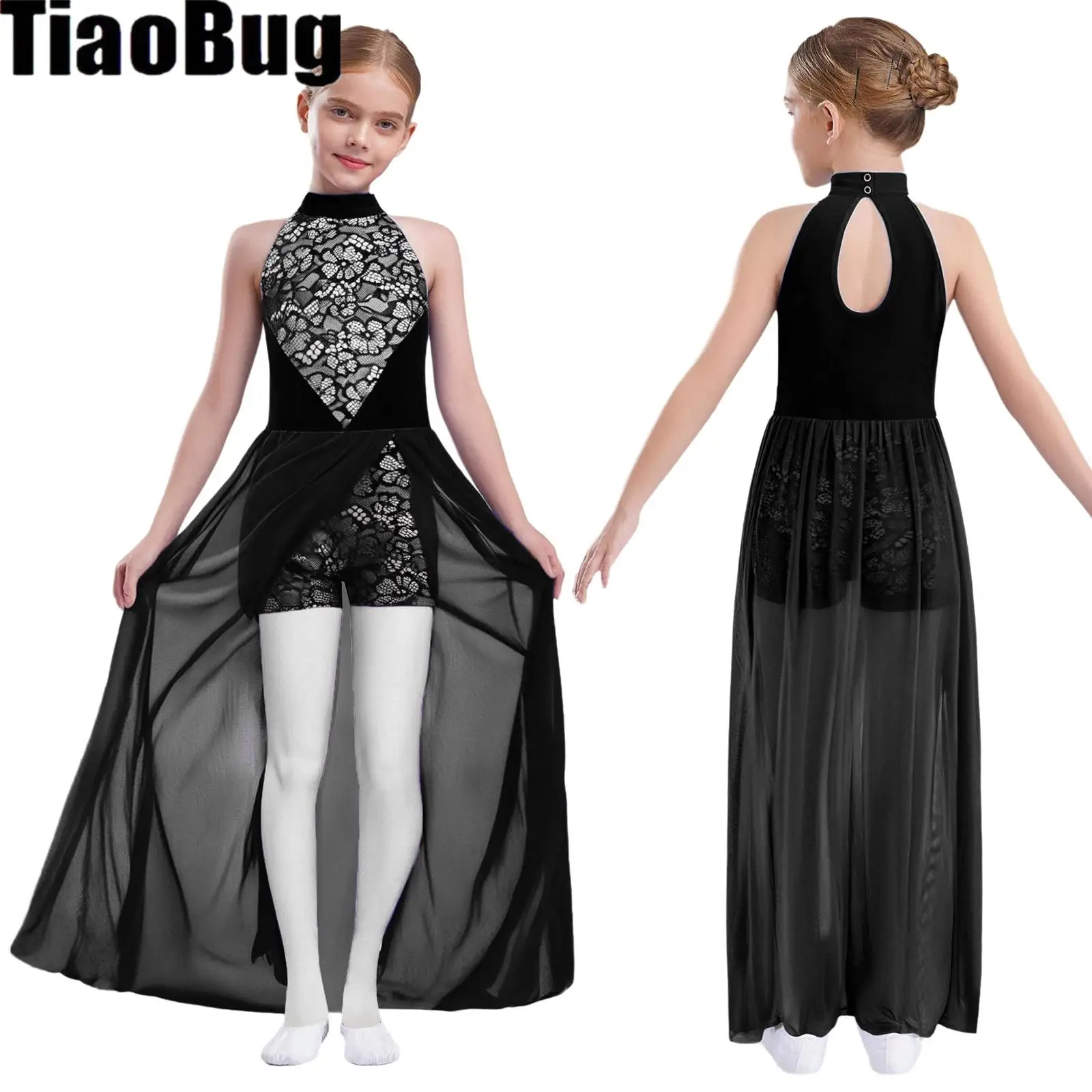 

Kids Girls Lyrical Dance Dress Halter Press Buttons Leotard Jumpsuit with Flowy Mesh Overlay for Lyrical Competitions Classes