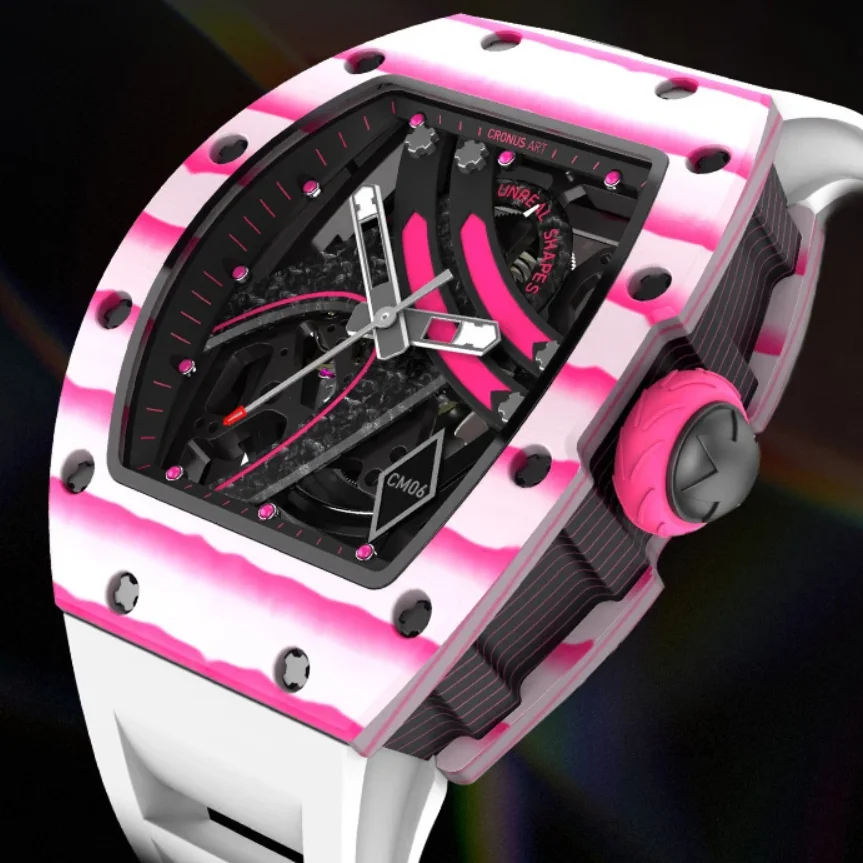 CRONUSART Men Automatic Watch 50mm Mechanical Wristwatch Carbon Fibre Tonneau Case Fluororubber Strap Luminous Skeleton Dial