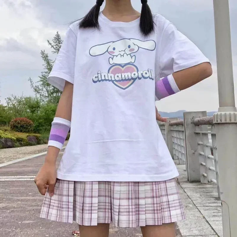 Japanese Cute Summer New Women Clothing Loose Cartoon Cinnamoroll Short Sleeve White T-shirt Preppy Style Student Casual Y2K Top