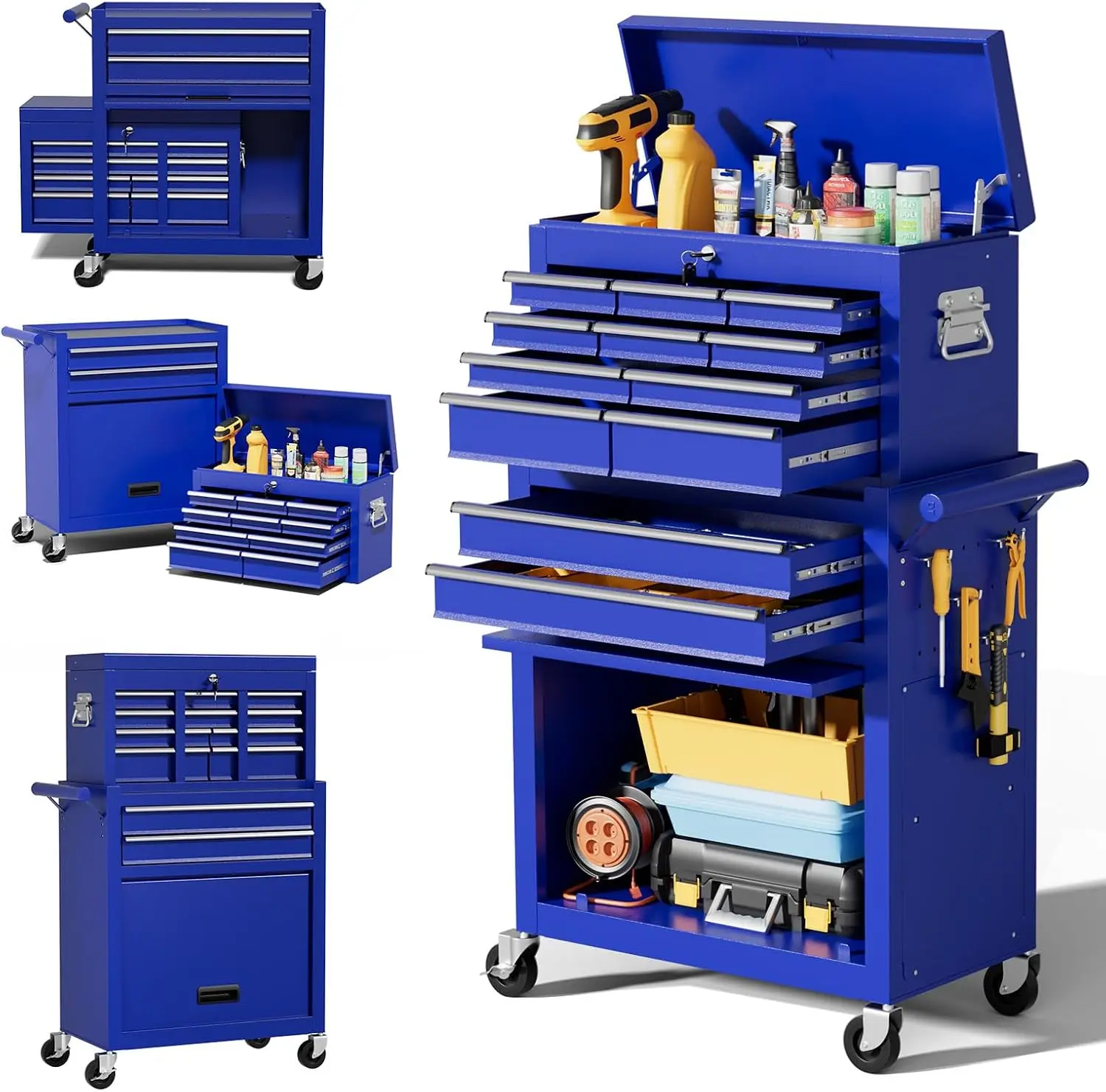 12-Drawer Rolling Tool Chest with Wheels, 46'', Blue | Heavy Duty Steel, 2 in 1 Lockable Tool Box, Portable Garage Storage Organizer, Includes Dividers, Liners and Side Hooks