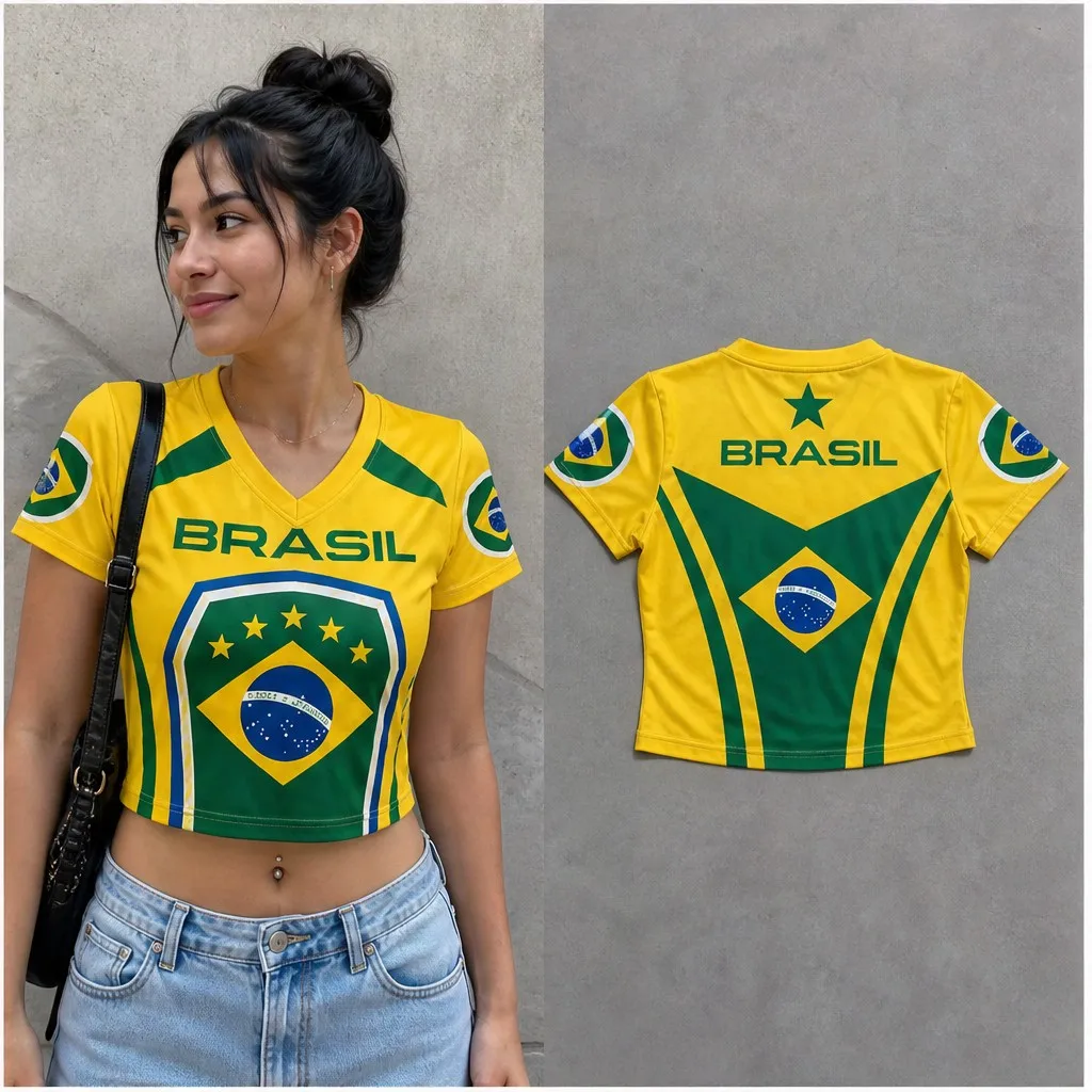 Womens Brazil V Neck Short Sleeve Crop Top Shield Star Graphic Casual Summer Shirt for Street Travel Holiday and Daily Wear Look