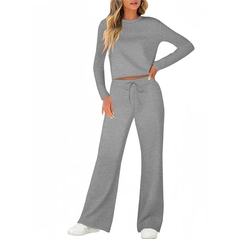 

2024, весенне-осенний новый повседневный спортивный женский комплект, модный однотонный топ с круглым вырезом и длинными рукавами, брюки на шнуровке, комплект из двух предметов