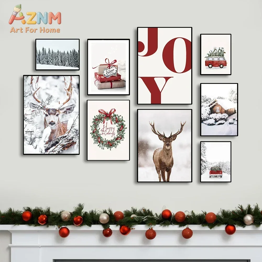 AZNM Modern Christmas Canvas Wall Art Print Snowy Deer Wreath Red Truck JOY Text Winter Forest Cabin Poster Unframed Canvas Pain