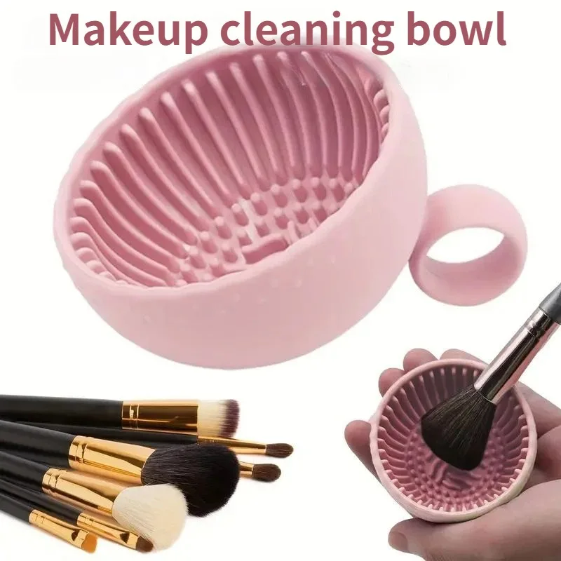 Soft Silicone Makeup Brush Cleaner Bowl with Folding Powder Puff Eyeshadow Brush Cleaning Pad Beauty Care Accessory