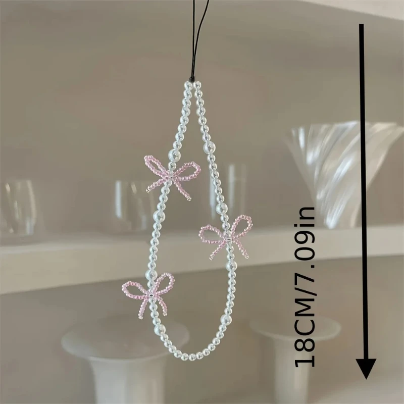 Korea Pink Bowknot Pearl Pendant Beaded Phone Charm for IPhone Accessrioes Lanyard Woman Girl Jewelry Hanging Rope Strap