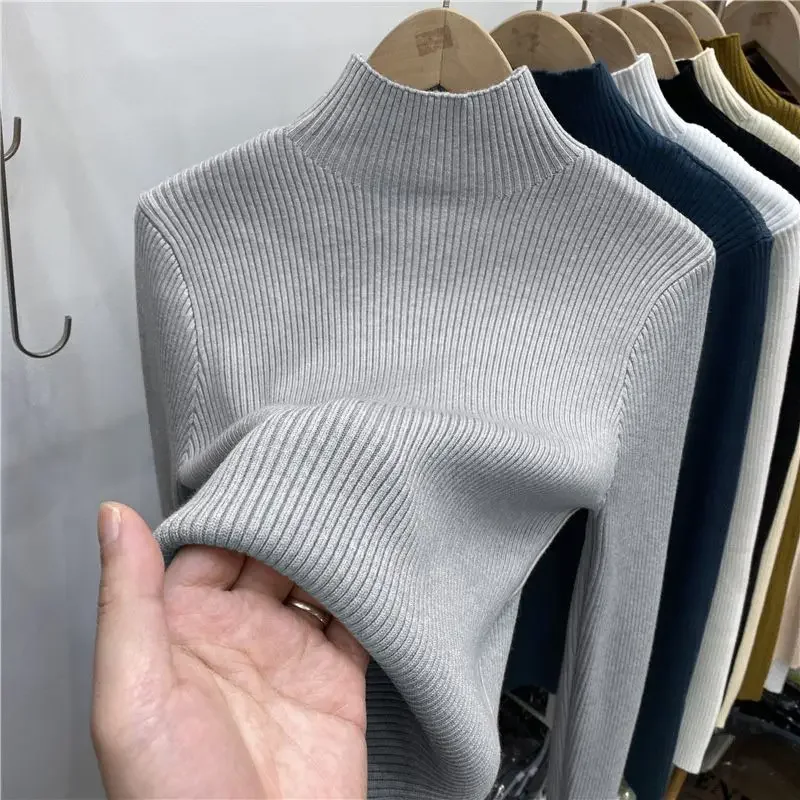 2025 outono inverno cor sólida camada base topos feminino malha quente grosso gola alta camisola estilo coreano mangas compridas pullovers
