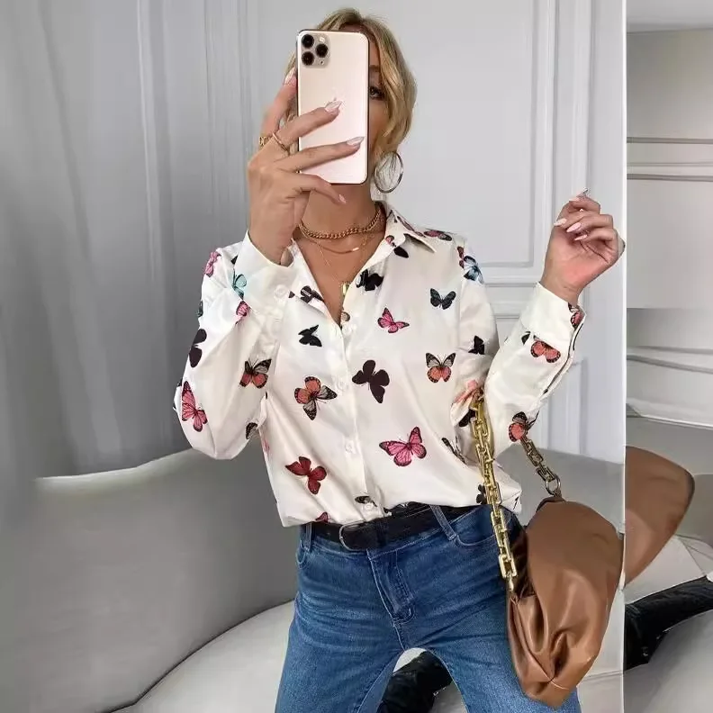 Camicia moda manica lunga bianca con stampa farfalla Donna 2025 Bottoni primaverili Casual Streetwear Top e camicetta Top Femme Camicie
