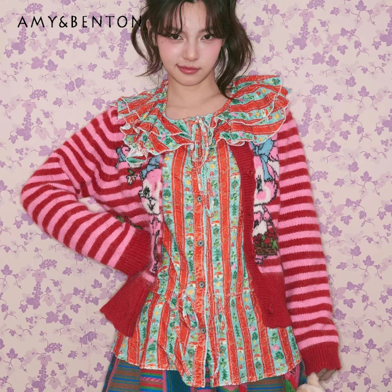 

Original Design Orange Green Vertical Striped Lace Trim Collar Women's Shirt 2026 Spring Pastoral Playful Retro Shirts Ladies