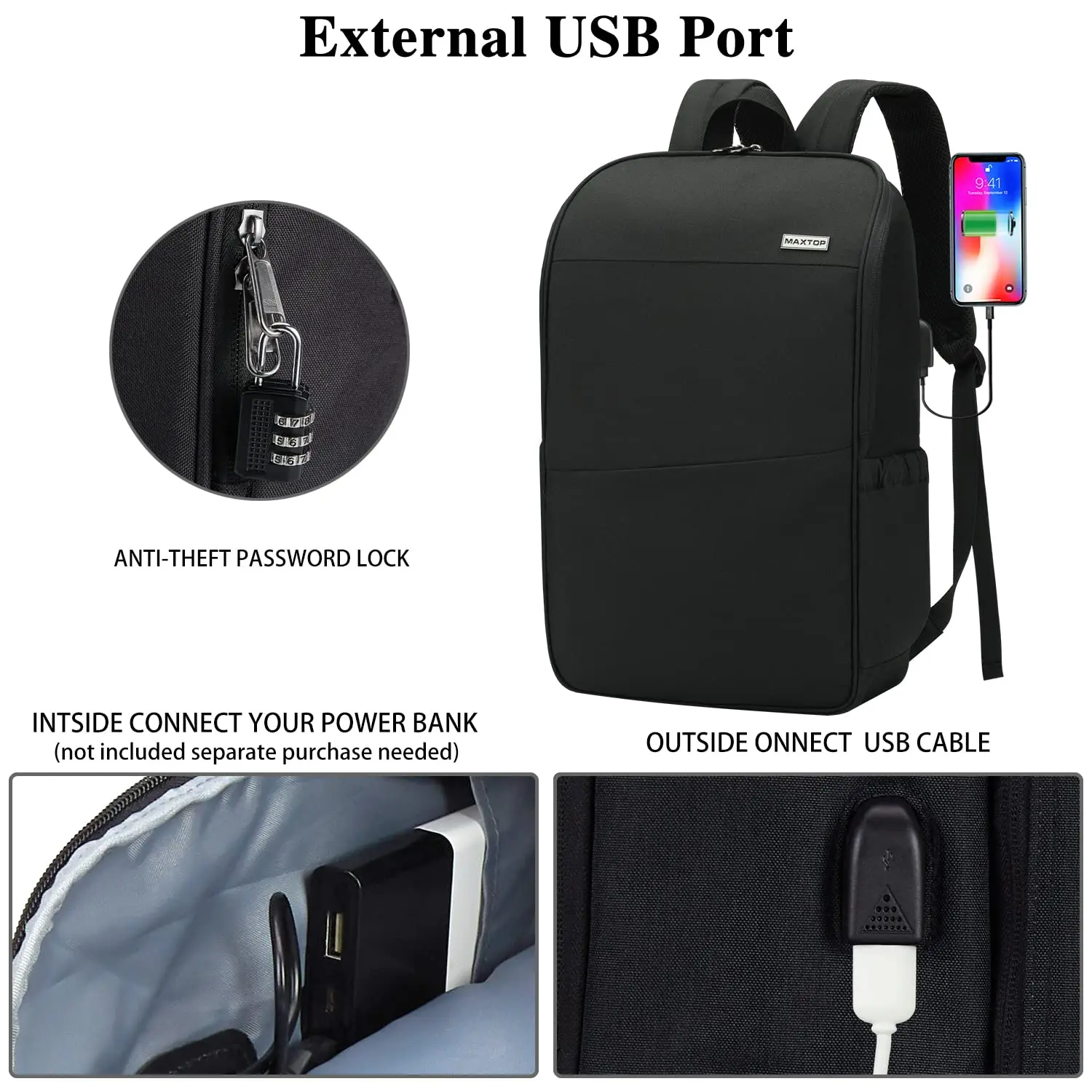 MAXTOP-mochila para portátil de viaje con puerto de carga USB, antirrobo, resistente al agua, bolsa de libros universitaria, se adapta a portátil de