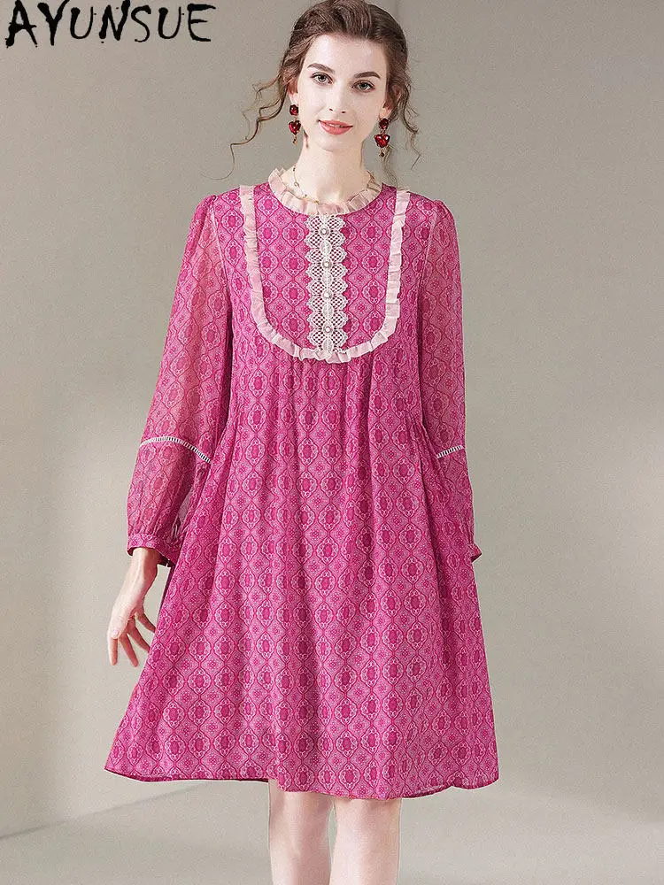 

AYUNSUE 100% натуральное шелковое платье из тутового шелкопряда, элегантные платья для женщин, весенне-летняя женская одежда, праздничное платье с принтом, женское платье