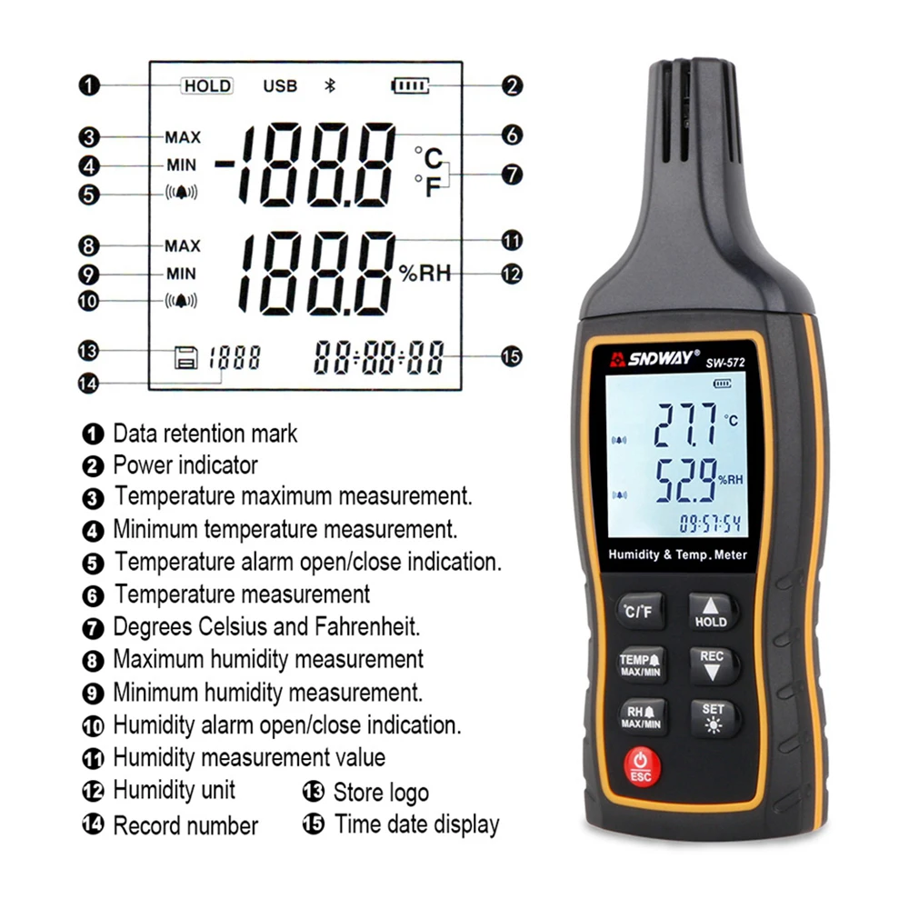 SNDWAY Cyfrowy higrometr temperaturowy Ręczny przemysłowy higrometr temperaturowy o wysokiej czułości SW-572