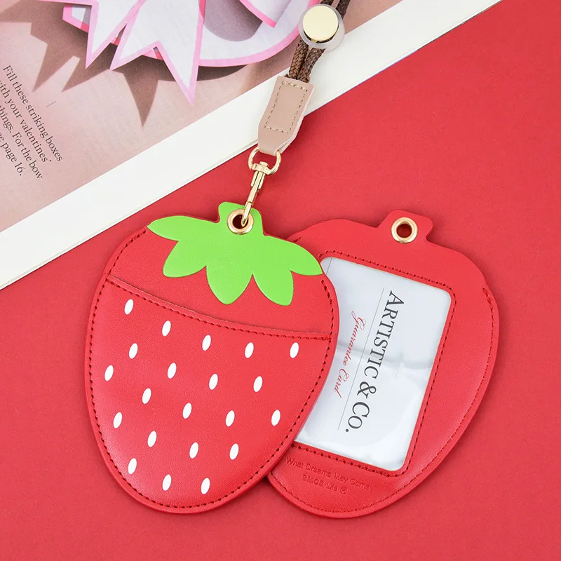 Cartoon fruit certificate card sleeve creative personality leather work card name tag neck lanyard Student card bus card sleeve