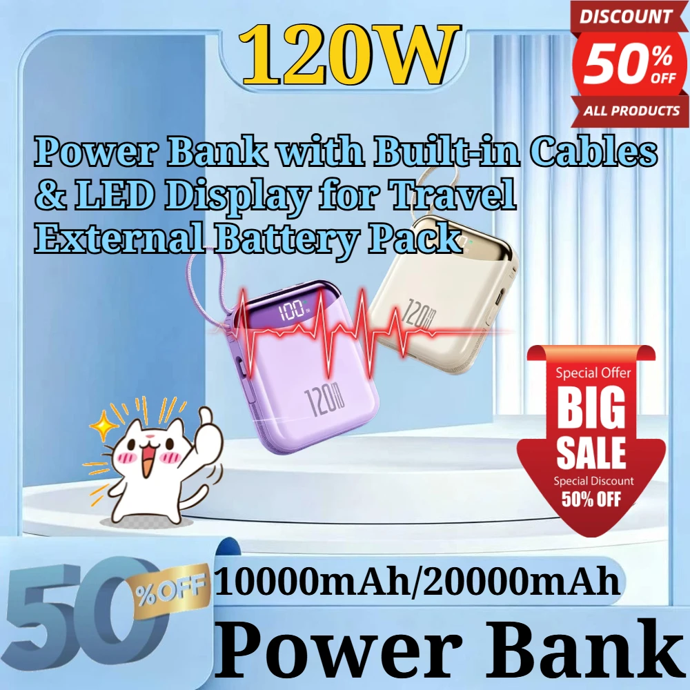 120W 10000mAh / 20000mAh Fast Charging Portable Power Bank with Built-in Cables & LED Display for Travel External Battery Pack