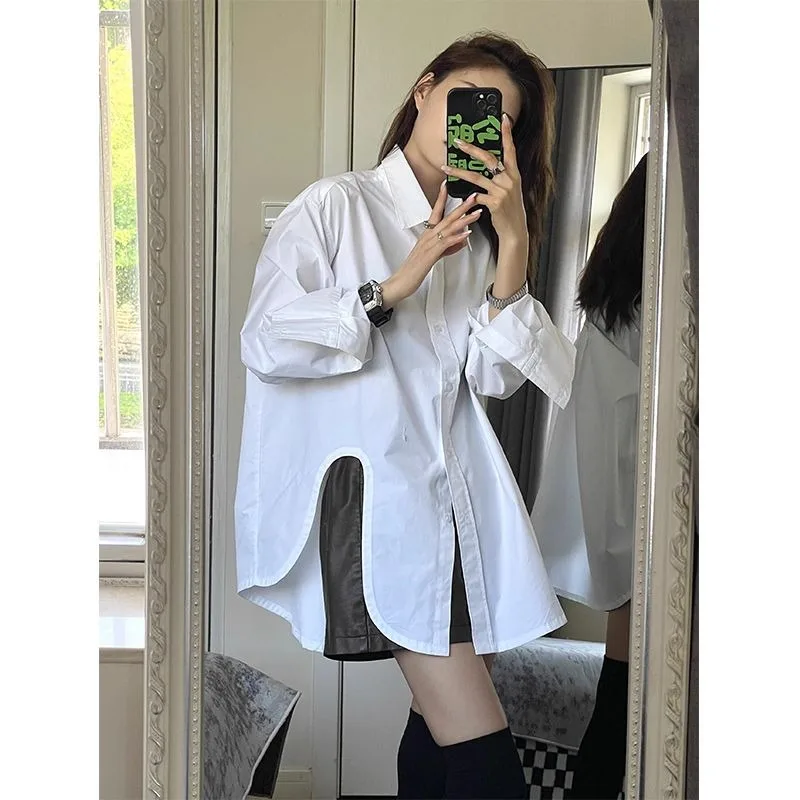 

QWEEK Korean Style Office White Shirt Oversized Elegant and Youthful Streetwear Solid Colour Blouses Stylish Long Sleeve Clothes