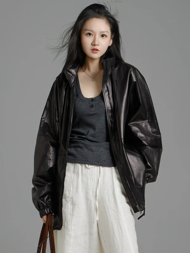 Casual Schwarz Echtes Leder Windjacke für Frauen Frühling Herbst High-end-Einfache Stehkragen Mit Kapuze Echt Schaffell Mantel