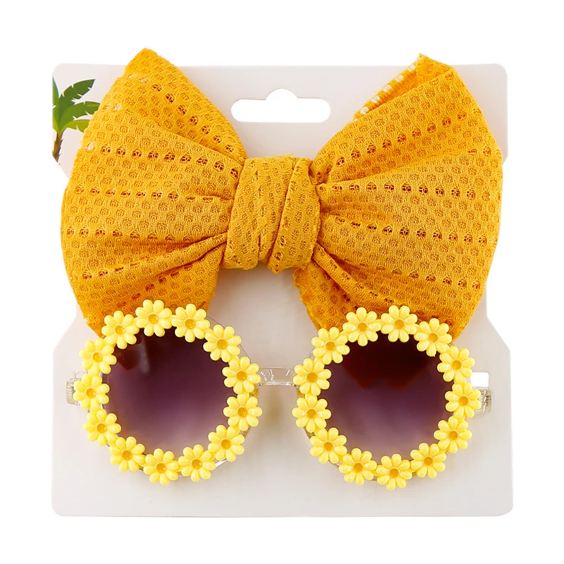 

2Pcs Kids Sunglasses Headband Set Baby Unglasses Elastic Nylon Headband Bohemia Beach Seaside Sun Glasses Kids Puff Bow Headwear