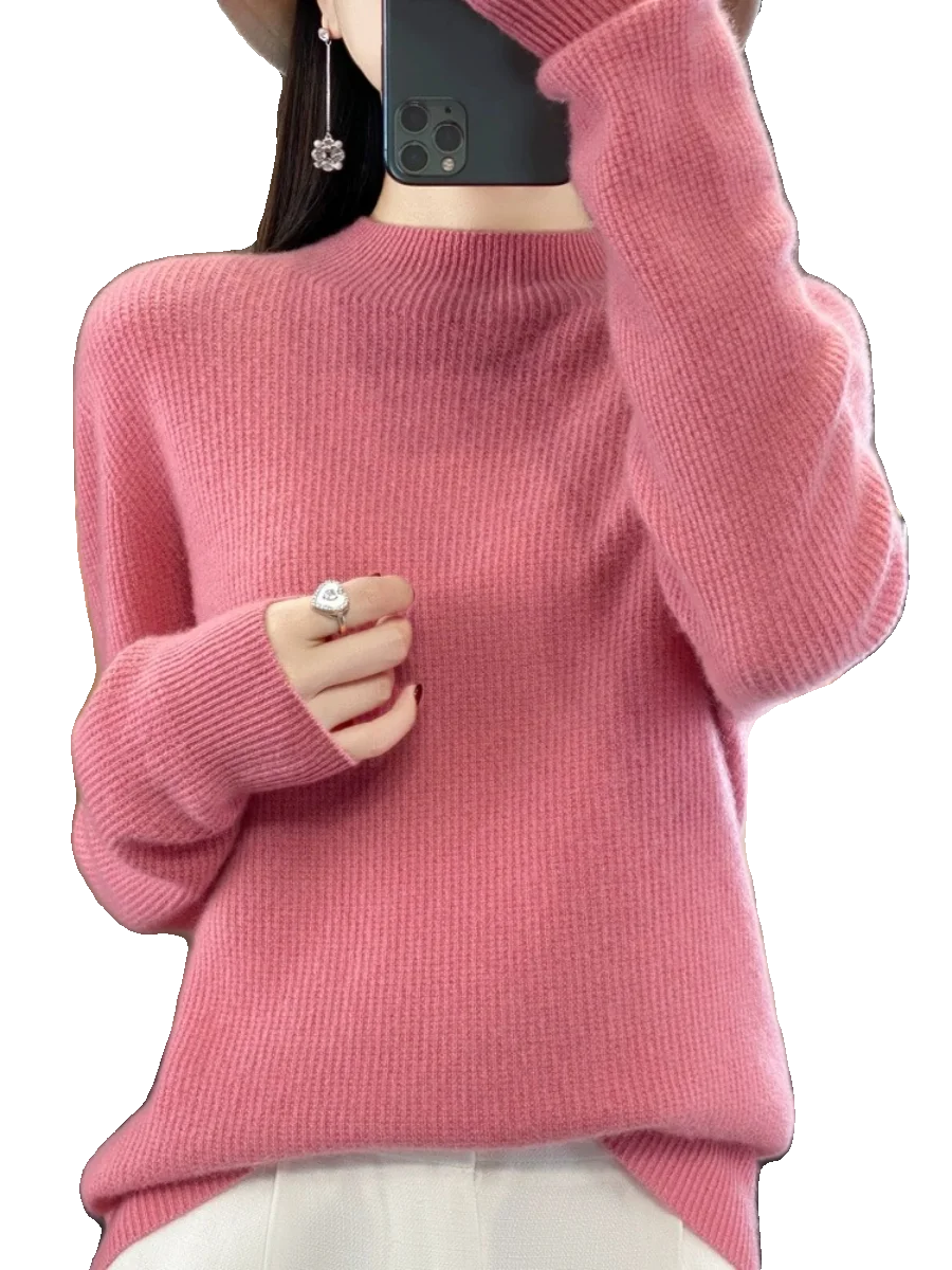 Suéter de lana pura de punto suelto para mujer de gama alta ropa interior de cuello alto Otoño Invierno cómodo Top de lana transpirable