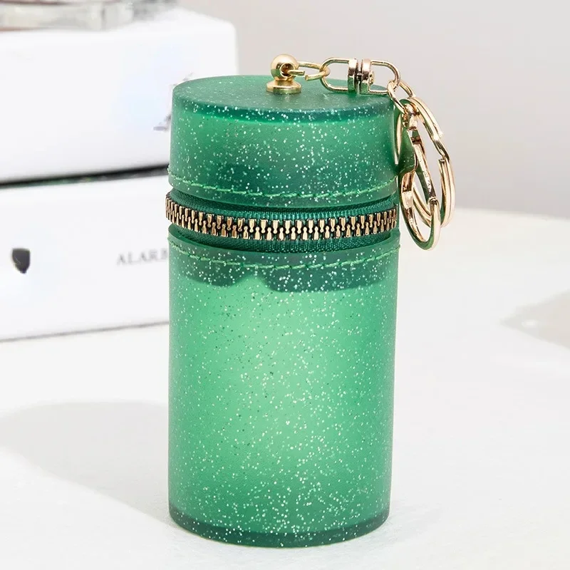 Women Cylindrical Mini Cosmetic Lipstick Bag Fine Glitter Zipper Coin Bag with Keychain Lip Gloss Makeup Organizer Pouch