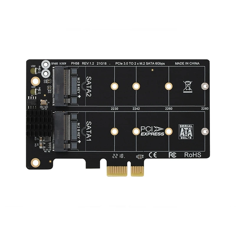 Pcie X1 To M.2 SATA Adapter Expansion Card 2-Port Black JM582 Master Chip With Metal Heat Sink For Pcie X1/X4/X8/X16