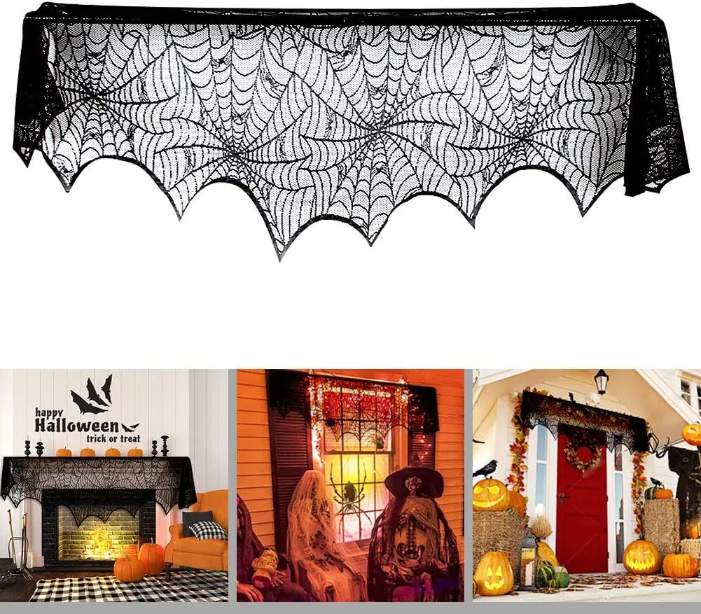 Halloween Fireplace Decoration Festive Party Supplies Lace Spiderweb Fireplace Mantle Scarf Cover Black Cobweb Fireplace Scarf Indoor Halloween Door Table Porch Decor 35x95 inch