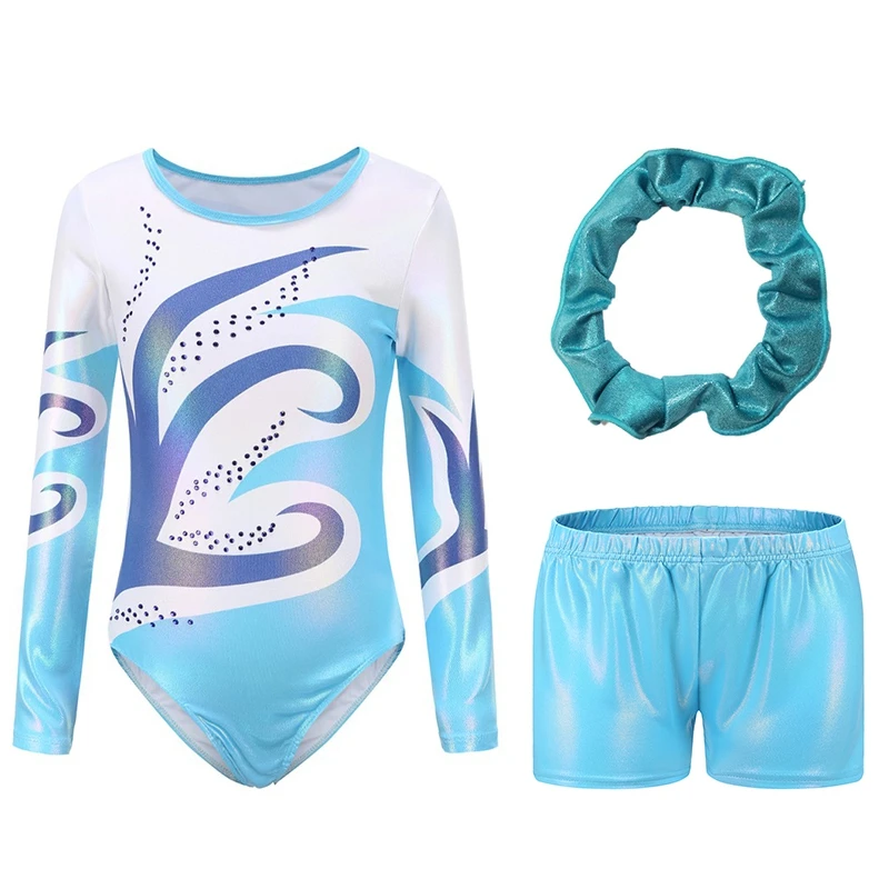 

Leotards For Girls 3Pcs Ballet Dance Gymnastics Suit Fashion Gradient Gilding Rhinestone Inlay Bodysuit With Shorts And Headband