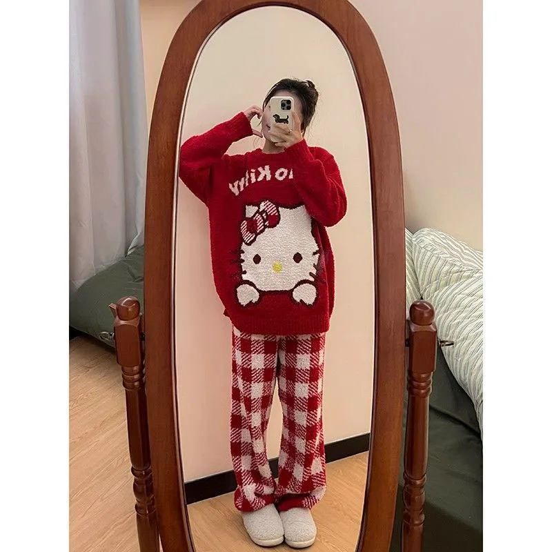 Cute Miniso Hello Kittys Pajamas Beautiful Female Winter Coral Velvet Home Keep Warm Suit Comfortable Soft Girl Birthday Gifts