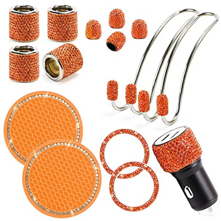 15 Pack Orange Car Accessories Set for Women Girl, Bling Orange Car Decor, Bling Head Rest Rings, Bling Car Charger, Bling Hook