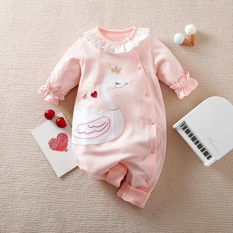 Spring And Autumn Boys And Girls Beautiful White Swan Embroidered Cotton Comfortable Long Sleeve Baby Bodysuit