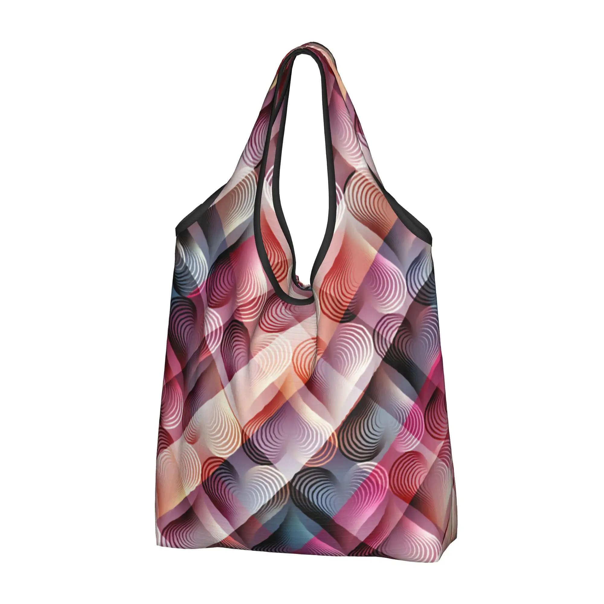 Cute Printed Heart Striped Optical Illusion Tote Shopping Bag Portable Shopper Shoulder Diagonal Plaid Valentine's Day Handbag