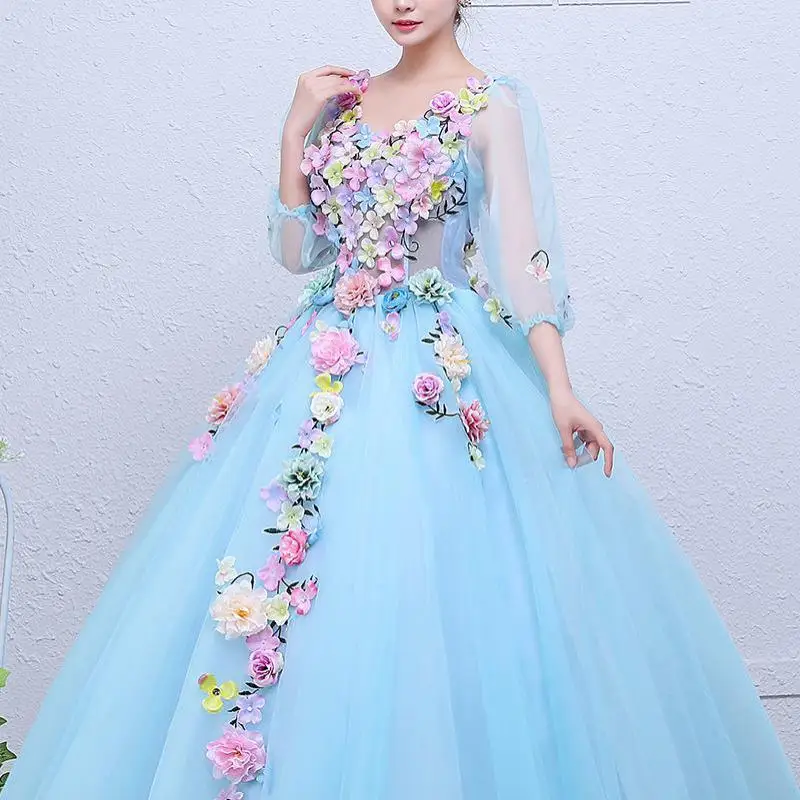 Gaun Quinceanera Peri Bunga Gaun Lebar Tulle Applique Warna-warni Manis untuk Gaun Pesta Elegan Prom dengan Lengan 5 Warna