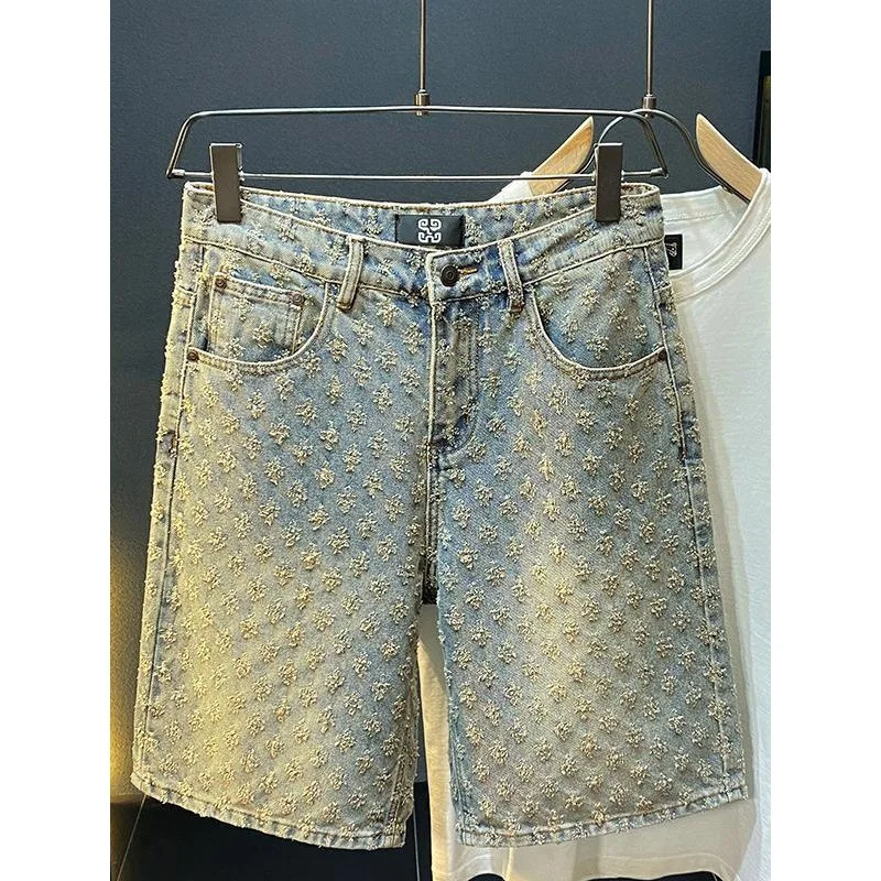 

2025 Summer New American men's fashion ripped denim shorts, loose straight-leg casual mid-parted denim shorts
