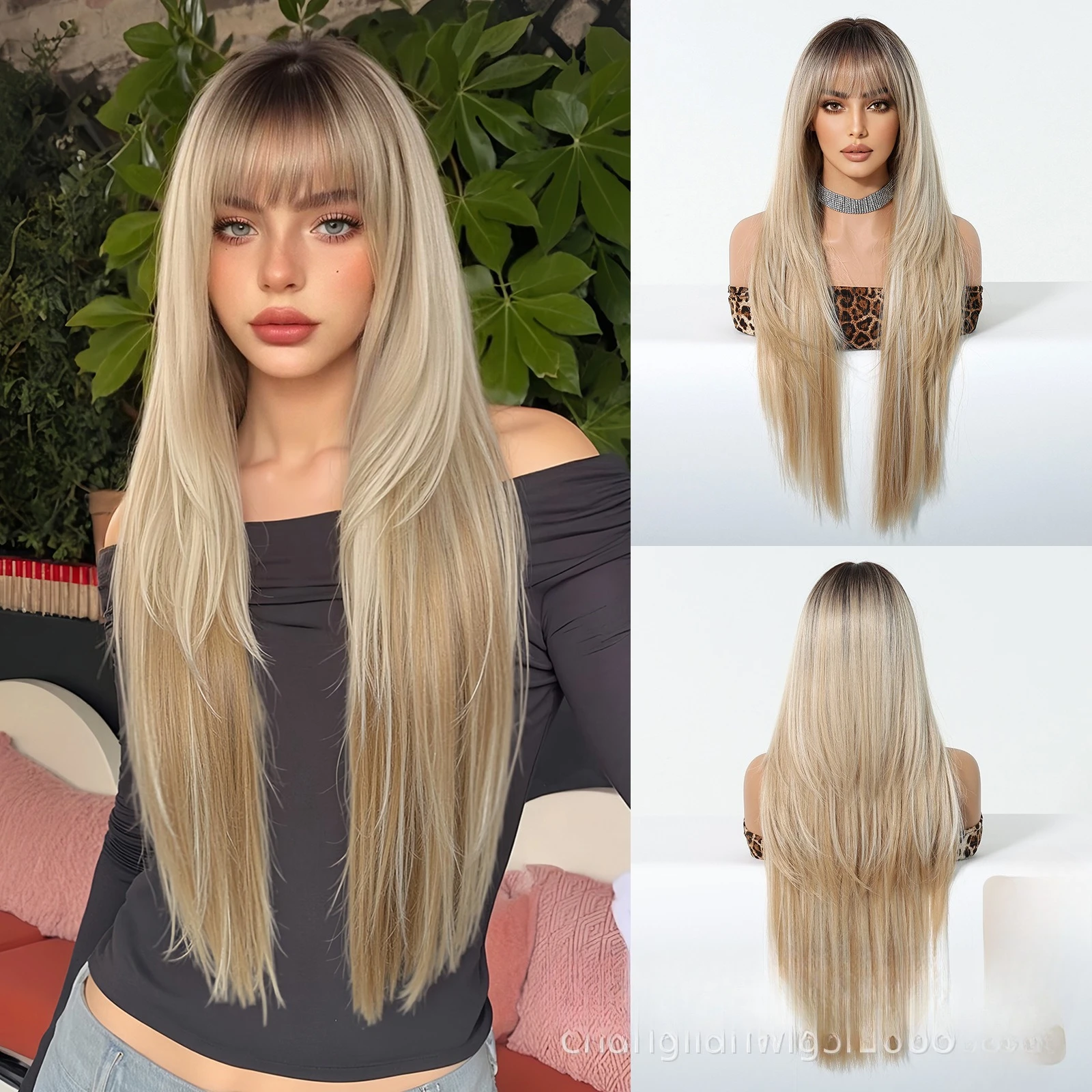 

European and American wigs, new dyed blond gradient long straight wigs, American Spice Girls full headgear