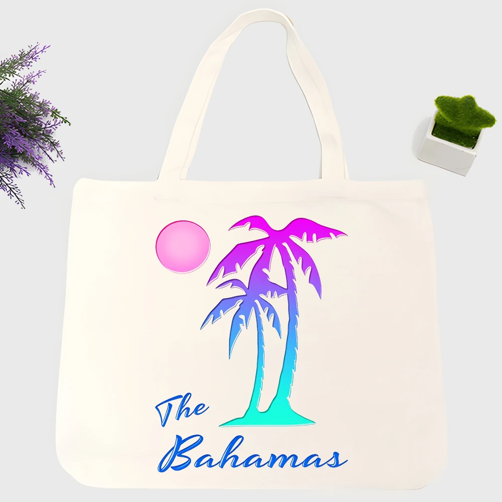 Women's palm tree and sunset print canvas tote bag, tropical style for beach outings and summer shopping