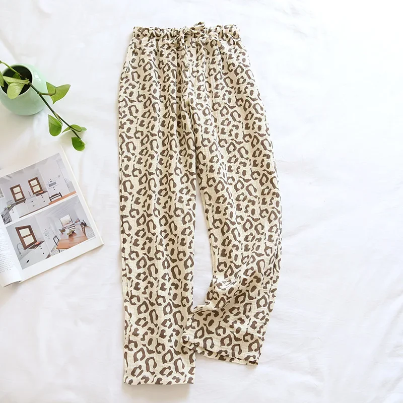 2026 Spring And Summer New Ladies Pants 100% Cotton Crepe Leopard Print Pajamas Sweat-absorbent Breathable Home Pants Trousers