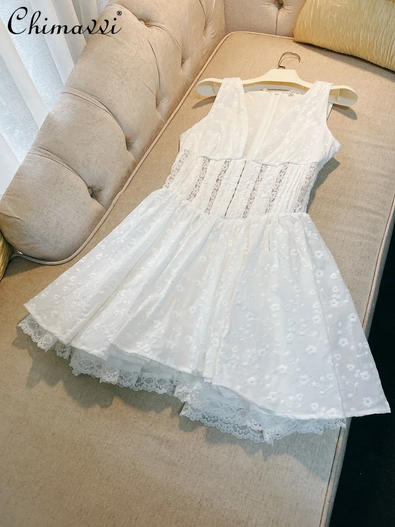 French Fashion Deep V-neck Embroidery Waist Lace Splicing Short Dress Pure Desire Sexy Slim Temperament White Dresses Women