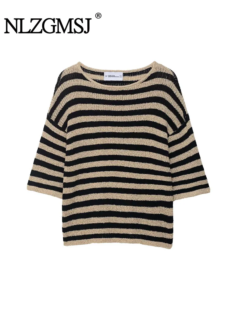 

NLZGMSJ Casual Chic Women Pullover Sweater Stripe O-Neck Short Sleeve Knitted Straight Sweater New Fashion 2025 Autumn Sweater
