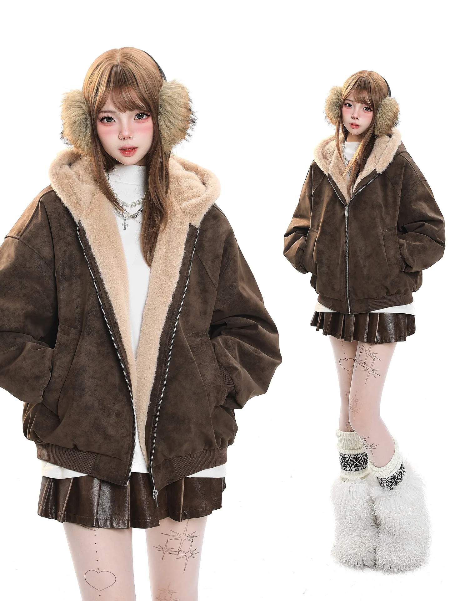 American Retro Suede Hooded Cotton Jacket Women Winter New Loose Plush Collar Thickened Warm Cotton Coat Outerwear