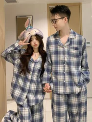 Lovers New Home Plaid Korean Winter Loose Long Sleeve Pajama Set Women Elegant Casual Comfortable Couple Sleepwear Simple Ins