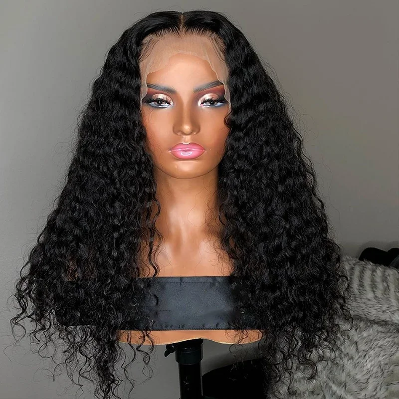 Peluca rizada con malla frontal para mujer, pelo de bebé, 26 "de largo, 180de densidad, Color negro Natural, suave, sin pegamento, predesplumada, Cosplay diario