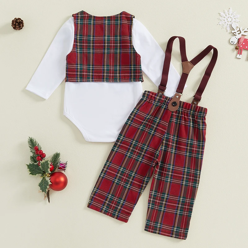 Baby Boy Christmas Party Fomal Outfit Long Sleeve Romper with Plaid Overall Pants Vest Infant Boys Gentleman Outfit