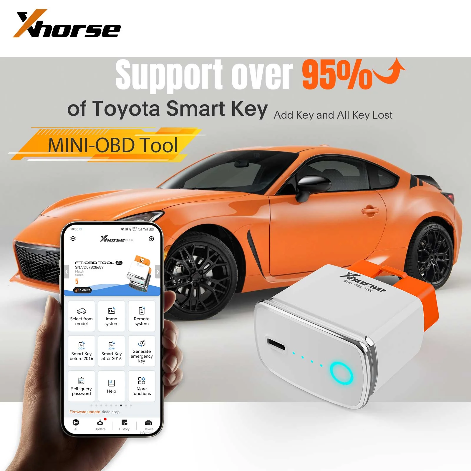 أداة Xhorse XDMOT0GL FT-OBD MINI-OBD بلوتوث لتويوتا إضافة مفتاح وجميع المفاتيح المفقودة حتى 2023 برنامج IMMO عن بعد في iOS Android