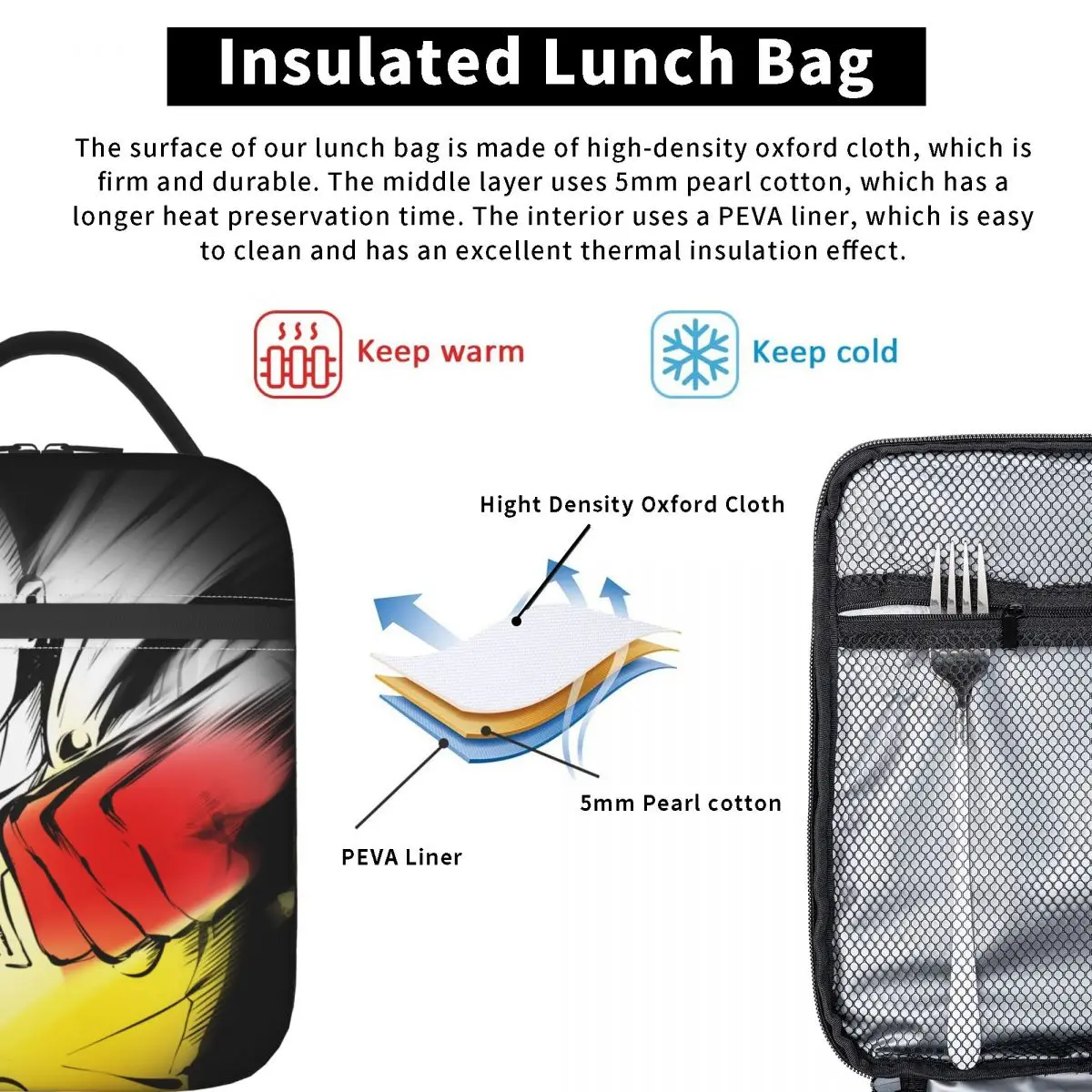 أنيمي واحد لكمة رجل معزول أكياس الغداء حقيبة للحفاظ على البرودة   حاوية الوجبات Saitama Cartoon Leakproof Tote Lunch Box Food Bag