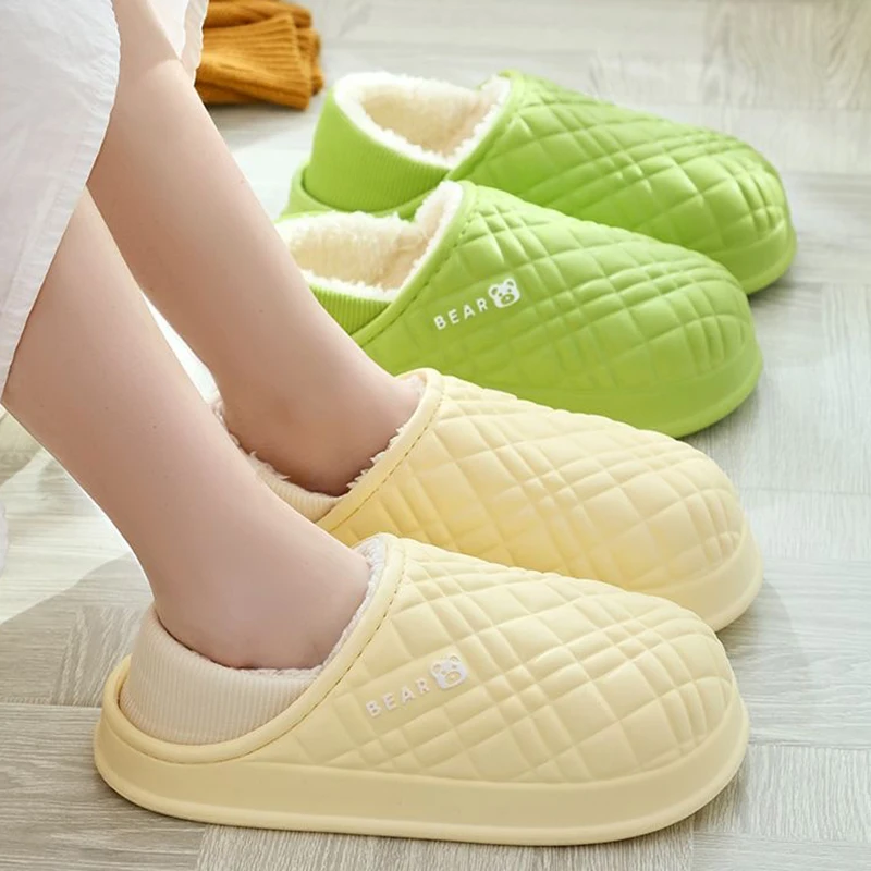 Comfortable Indoor Home Plush Warm Slippers Women Waterproof Soft Soles Non Slip Cotton Shoes Couple Fleece-lined Cartoon Shoes
