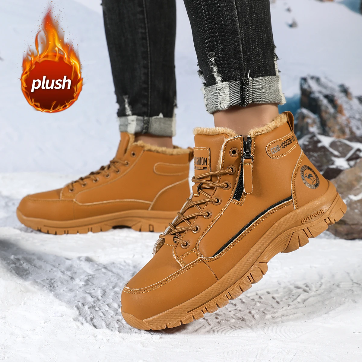 Men's Winter Hiking Boots Warm Plush Fur Lined Side Zipper Lace-up Non-slip Thick Sole Outdoor Snow Boots For Men