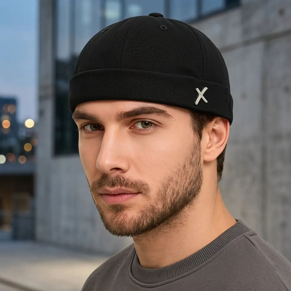 Leisure Vintage Dome Melon Cap Hip Hop Polyester Beanie Hat Soft Metal X Logo Brimless Hat All-match