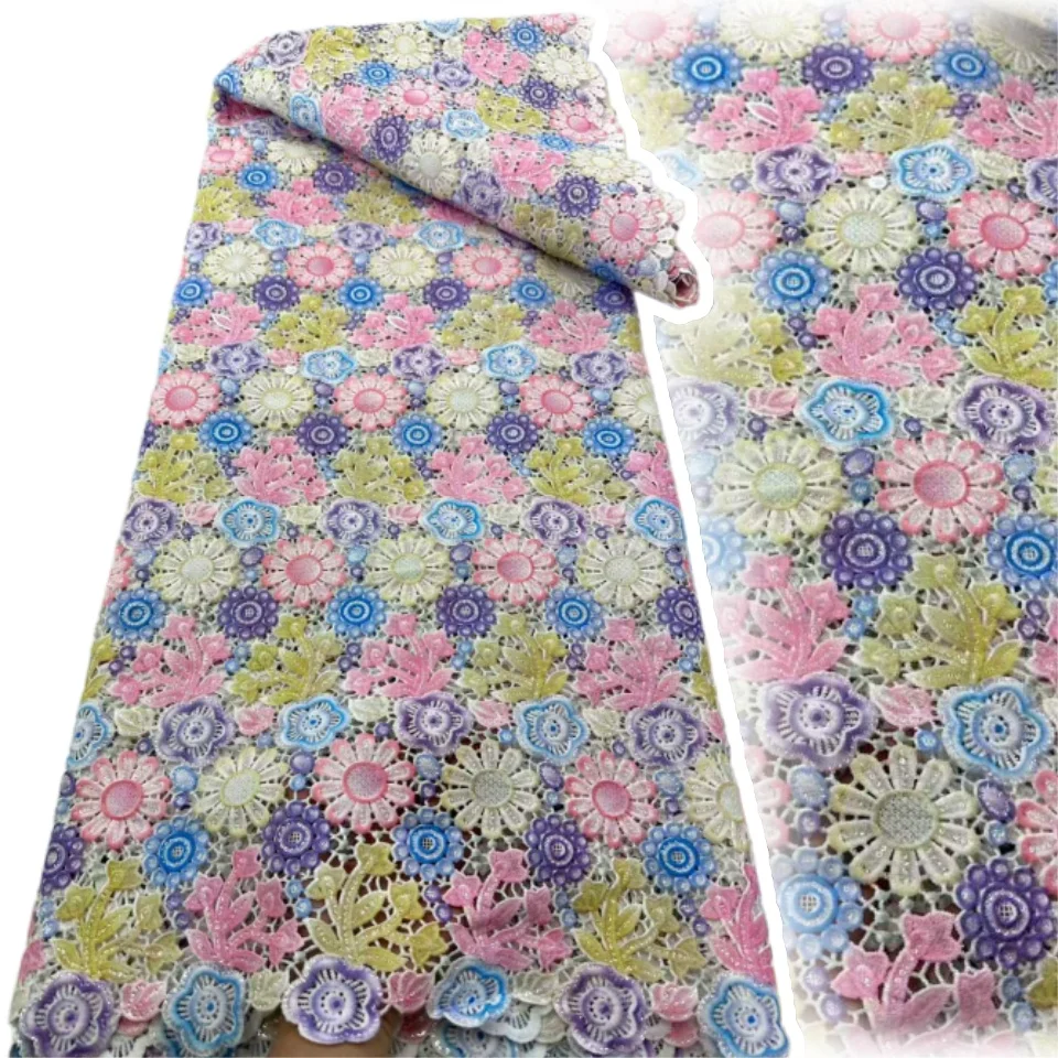 

Новая африканская вышитая кружевная ткань высокого качества, нигерийское гипюровое кружево с пайетками для пошива женских платьев 2358