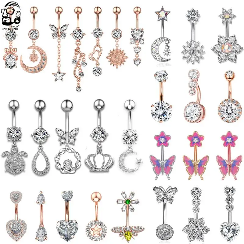 1PC couleur or série cristal nombril anneaux serpent fleur coeur ventre anneau pour femmes en acier inoxydable suspendu nombril Piercing