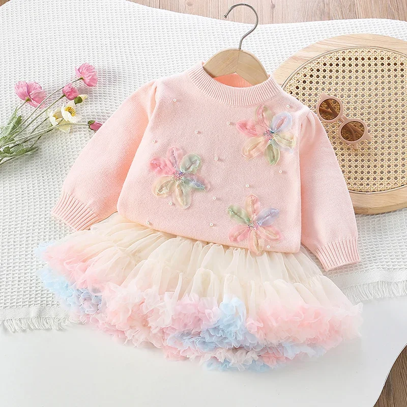 2026 neue Frühjahr 2-6Yrs Kinder Kleidung Set Baby Mädchen Gestrickte Kleidung Anzug Lange Ärmeln Gestrickte Pullover Pullover + Kurzen rock