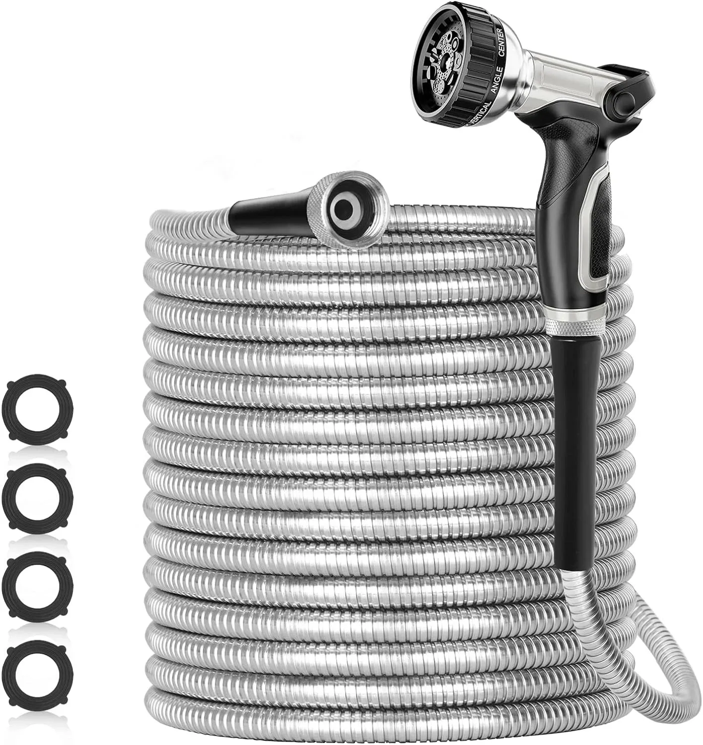 

50ft 304 Stainless Steel Garden Hose Metal, Heavy Duty Water Pipe with Nozzles