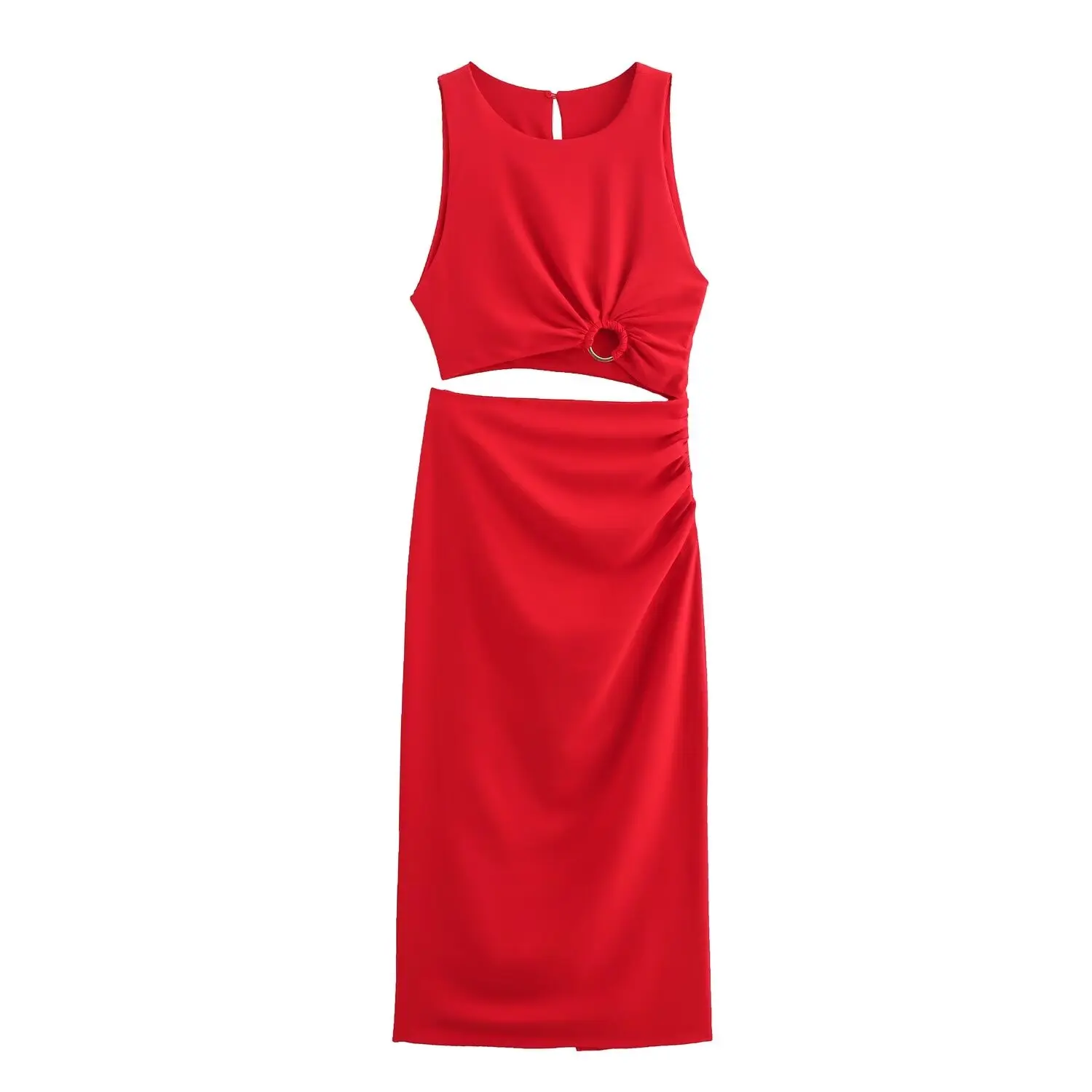 Tangada 2024 Women Red Cut-out Dress Female Summer Midi Dresses 6X0389